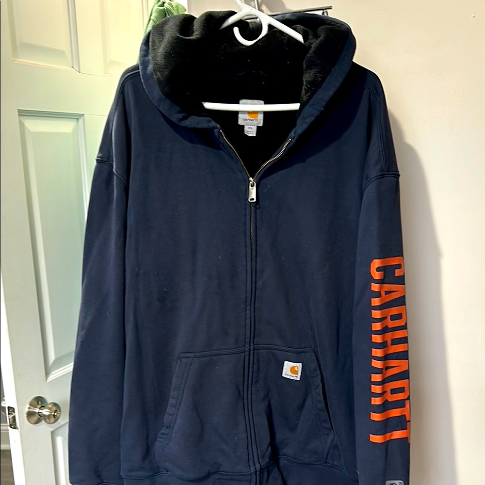 Carhartt Dark Blue Hoodie with Bold Orange Sleeve Logo